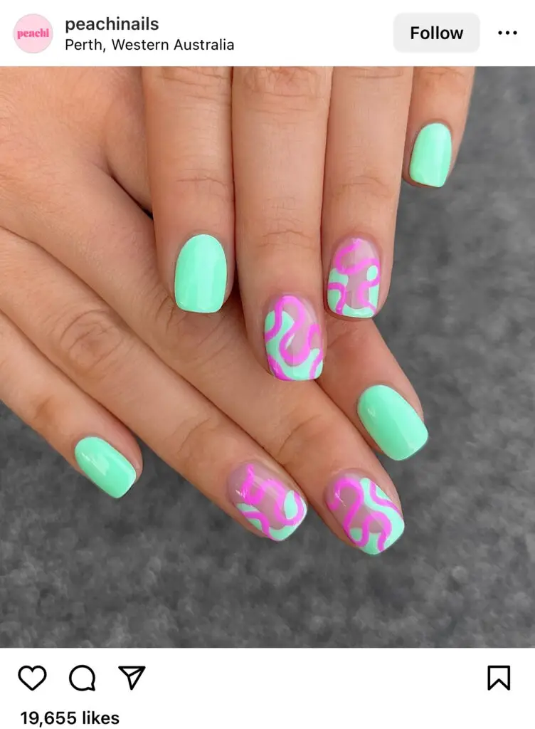 Ocean Green And Pink Strips Summer Nails 