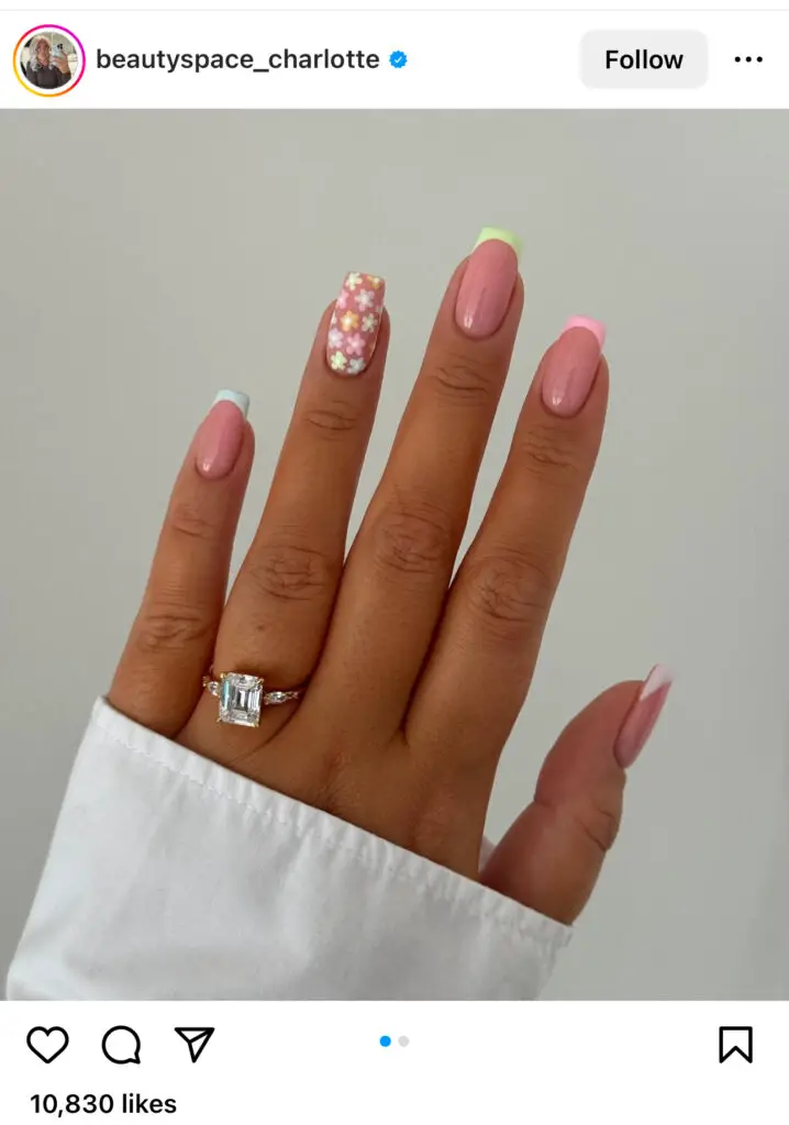 Colorful French Tips With Flowers Summer Nails