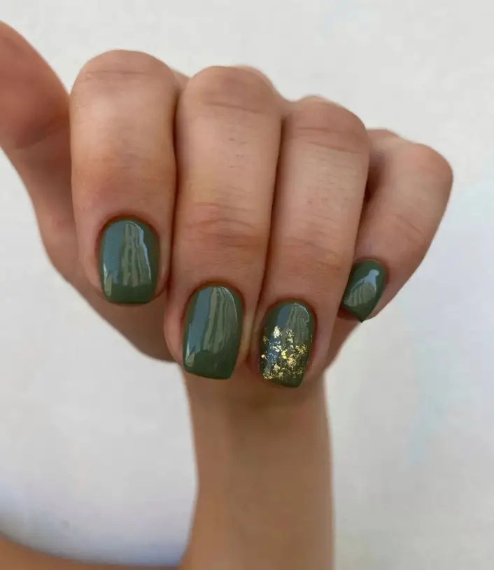 Dark Green With Gold Nails Design