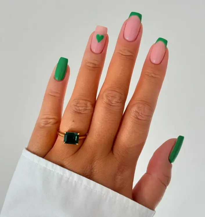 Simple Green Heart Nails Design