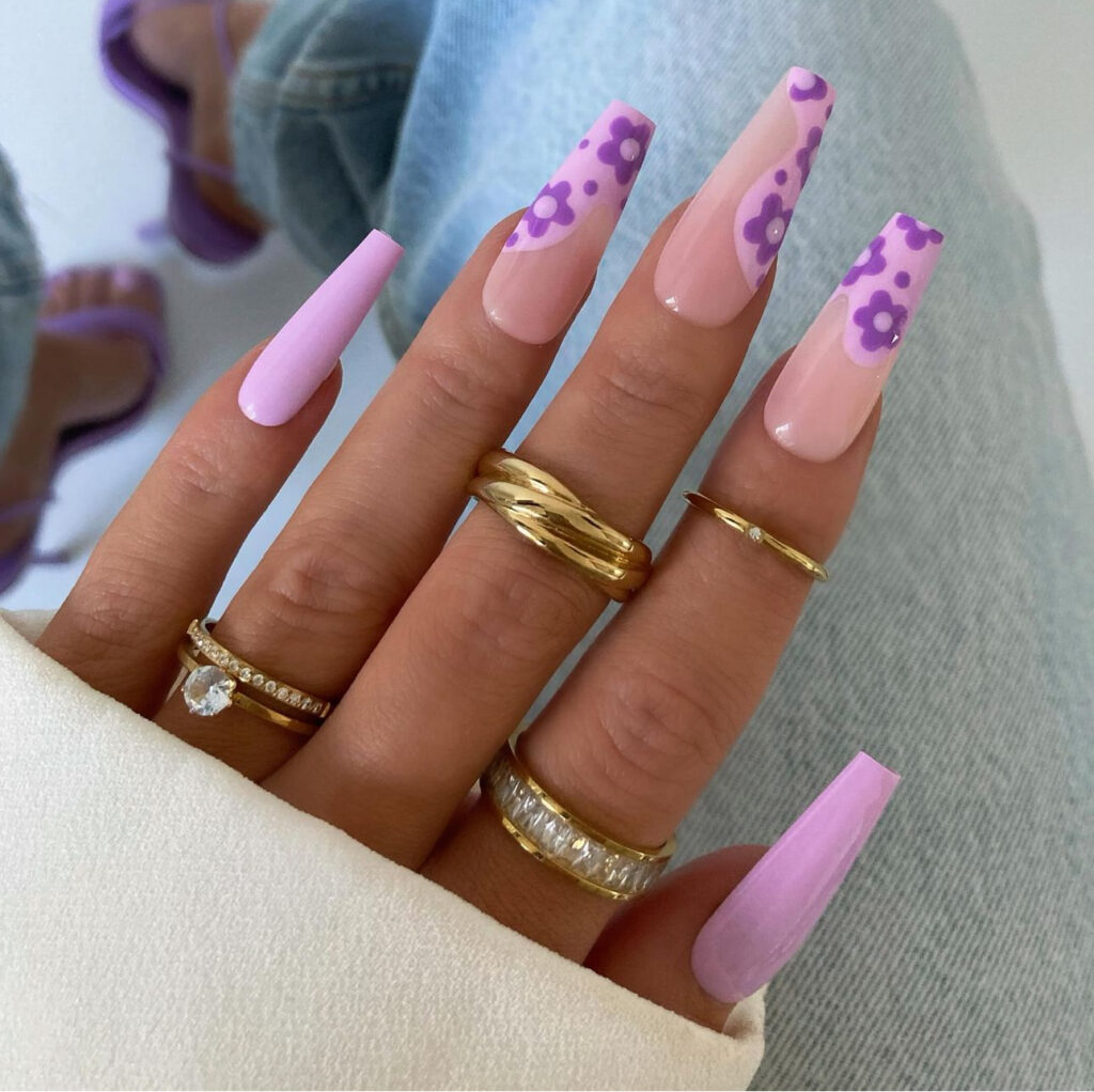 Purple French Side Strips With Flower Summer Nail Design