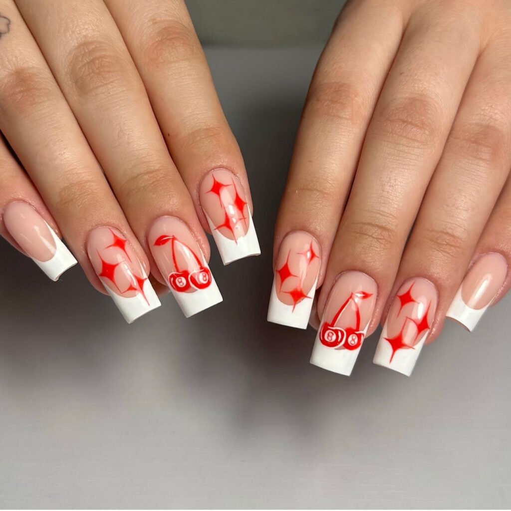 French Tip With Red Cherry Nail Design For Summer