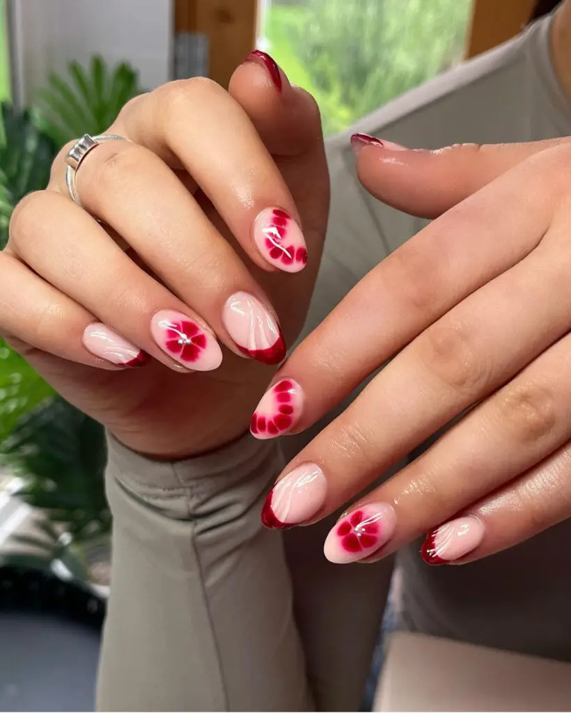 Flower Red Nail Design For Summer