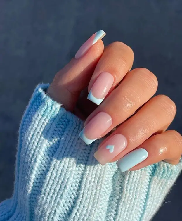 French Tip Baby Blue Nails With A Heart For Summer 