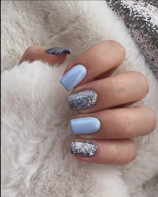 Glitter Baby Blue Nail Design For Summer 