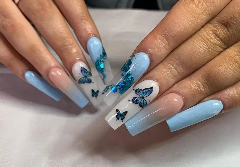 Butterfly Baby Blue Nail Design For Summer