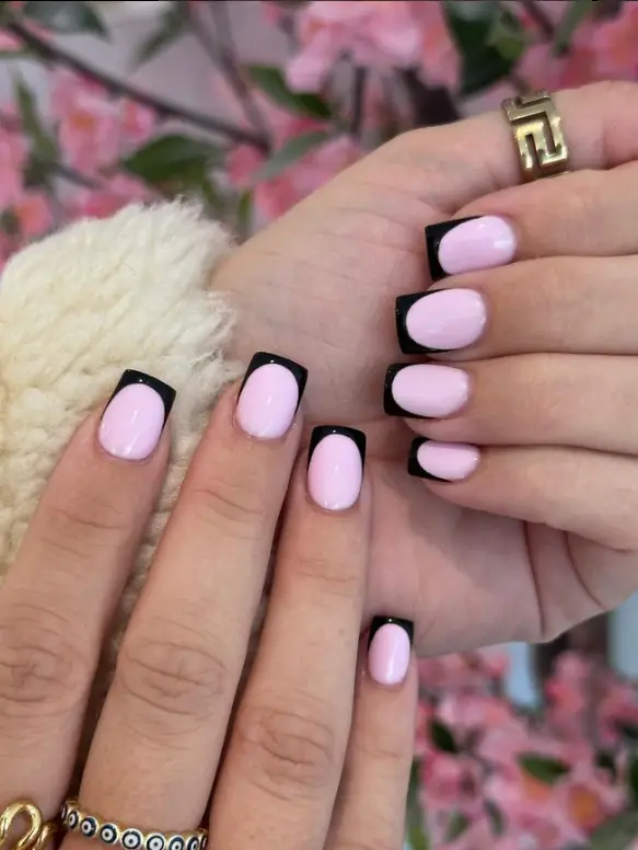 Baby Pink Nails With Black French Tip For Summer 