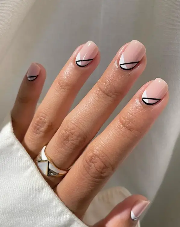 White And Black Cute Short Nails For Summer