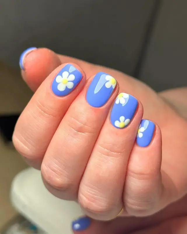 Blue Flower Cute Short Simple Nails For Summer