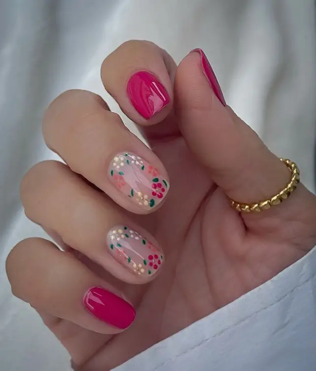 Pink Flower Holiday Nails For Summer