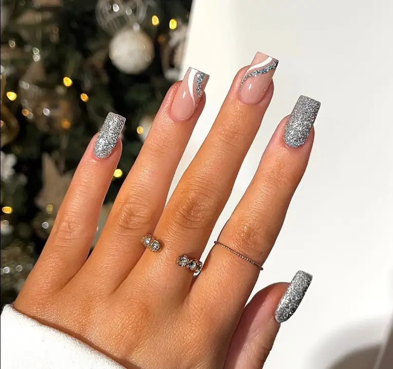 Silver Glitter Graduation Nails