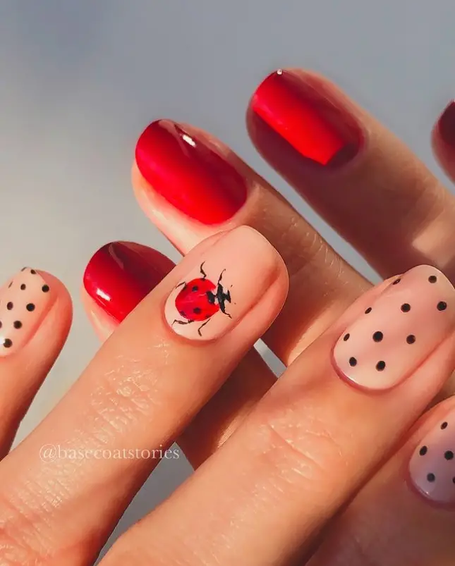 Red Lady Bug Short Nail Inspo