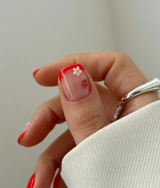 Flower And Strawberry Short Nail Inspo