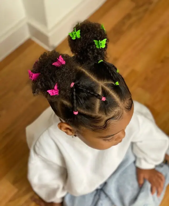 Double Puffs with Braided Fronts and Butterfly Clips Hairstyle