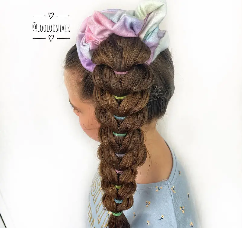 Dutch Braid with Colorful Elastics and Scrunchie Hairstyle