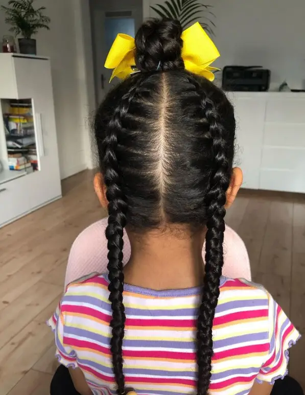 Double Dutch Braids with Top Knot and Bow Hairstyle