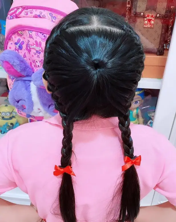 Double French Braids with Ribbon Bows Hairstyle